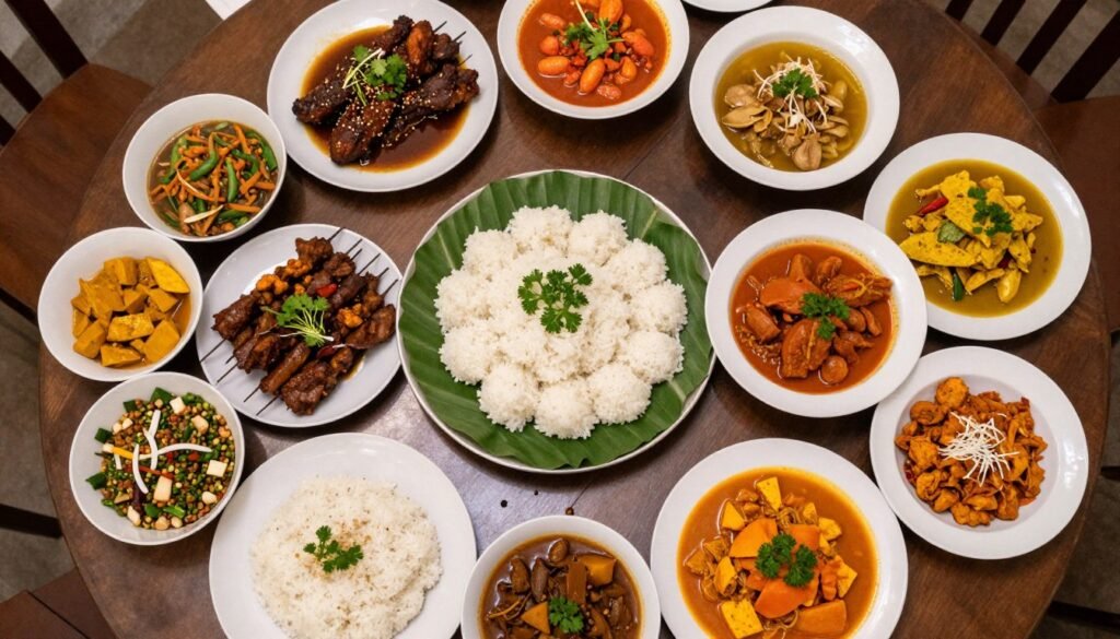 A colorful Indonesian rijsttafel (rice table) spread with multiple dishes