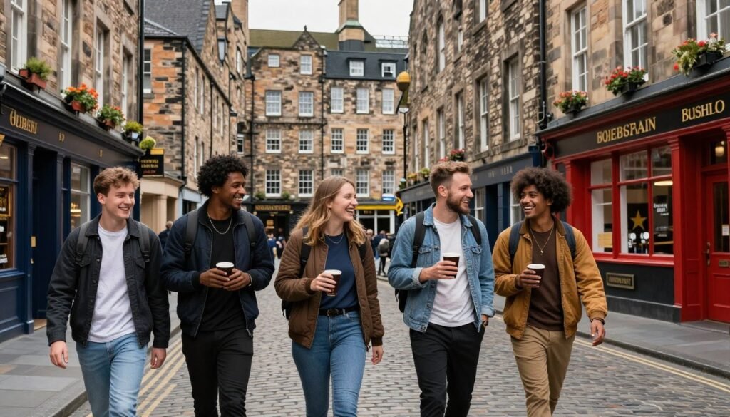 A group enjoying a pub crawl in Edinburgh's Old Town, visiting some of the best pubs in Edinburgh