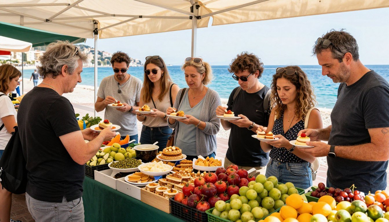A guided food tour through the markets of Nice with restaurants in nice visible in the background