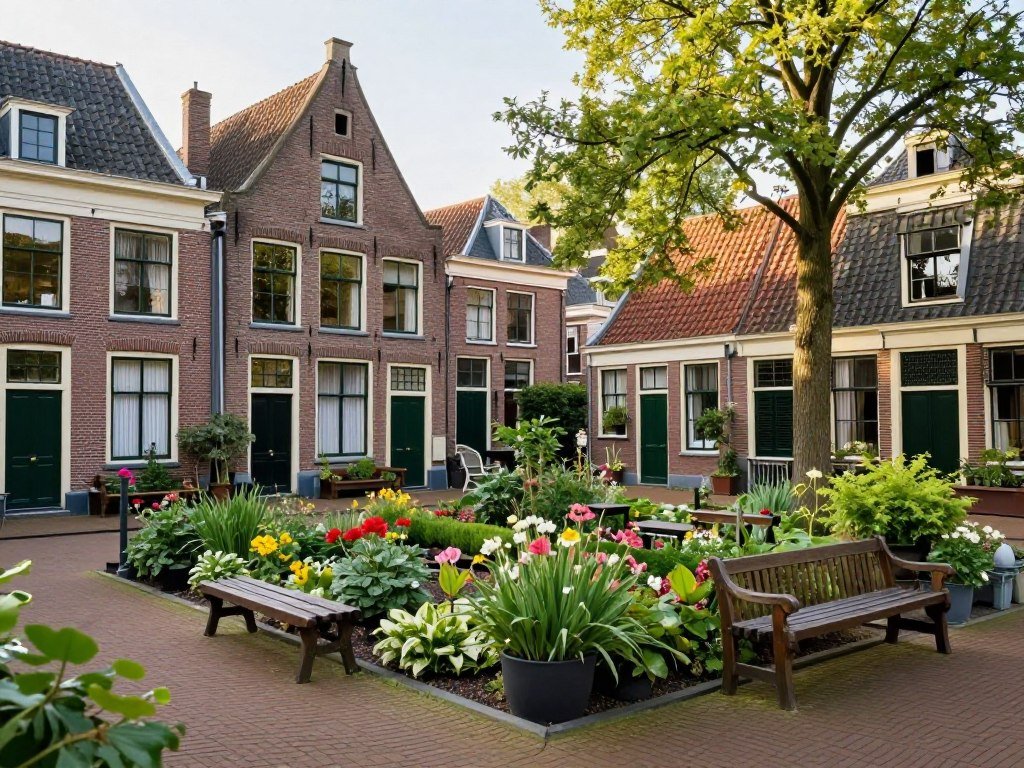 A peaceful hofje (courtyard garden) in Haarlem with flowers and historic almshouses