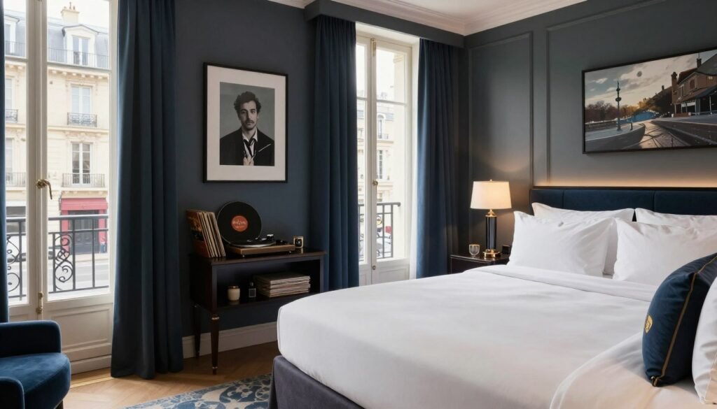 A stylish room at Hotel des Grands Voyageurs with its travel-inspired decor and record player