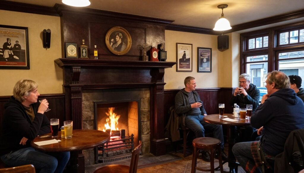A traditional Scottish pub interior with a fireplace and locals enjoying drinks, representing the best pubs in Edinburgh experience