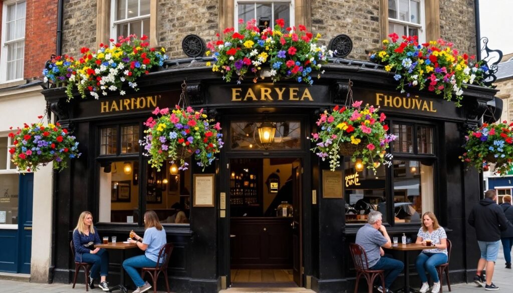A traditional pub in Bristol with its classic facade and hanging flower baskets