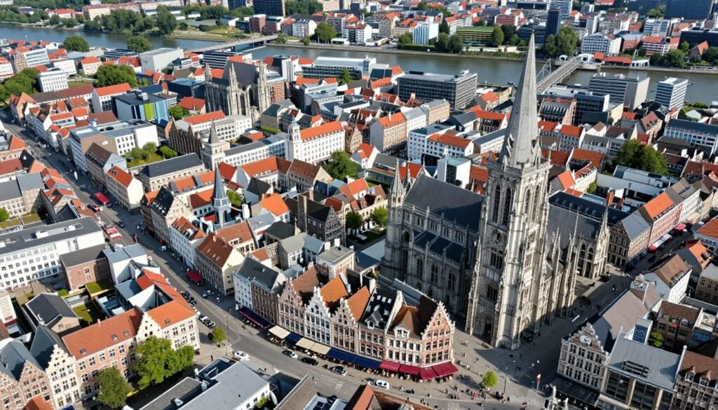 Aerial view of Antwerp city center showing the location of various restaurants and dining districts