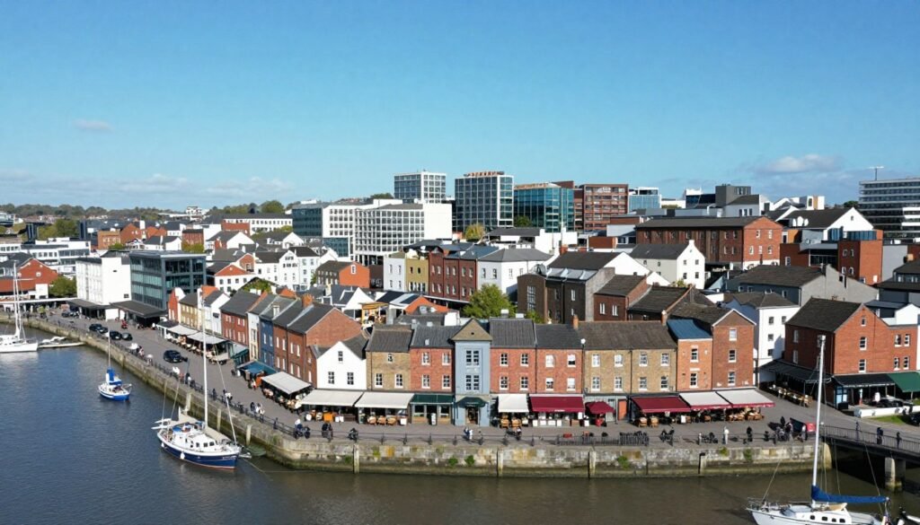 Aerial view of Bristol Harbourside with restaurants along the waterfront