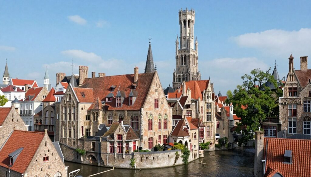 The Best Things to Do in Bruges 35 Aerial view of Bruges showing canals, medieval buildings, and the famous Belfry tower