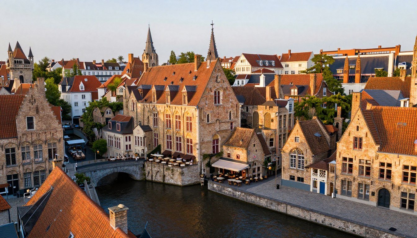 Aerial view of Bruges with canals and restaurants in Bruges highlighted along the waterways