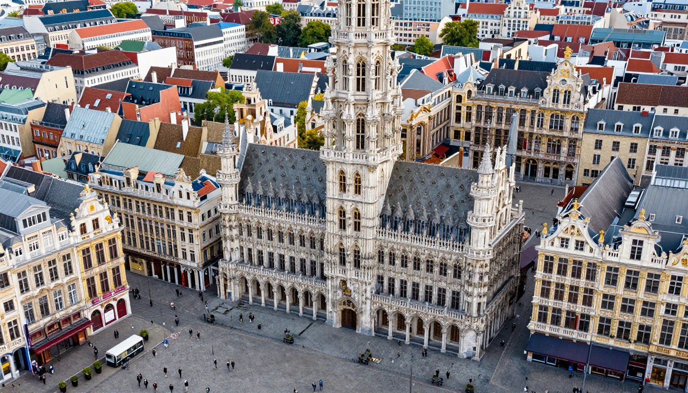 Aerial view of Brussels Grand Place with historic buildings and surrounding hotels