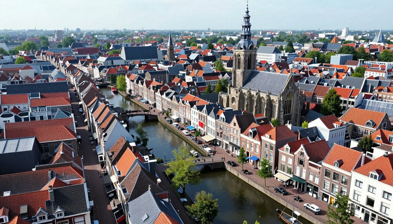Aerial view of Haarlem Netherlands showing canals and historic architecture