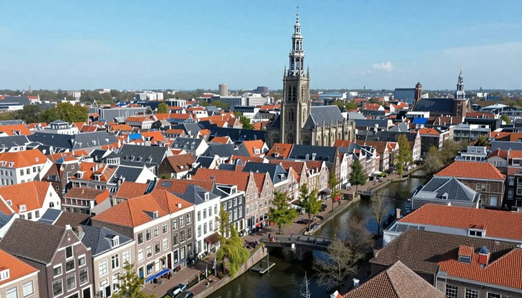 Aerial view of Haarlem's historic center with the Grote Kerk church tower dominating the skyline