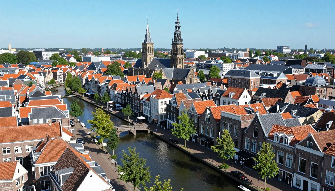 Aerial view of Leiden Netherlands showing canals and historic buildings