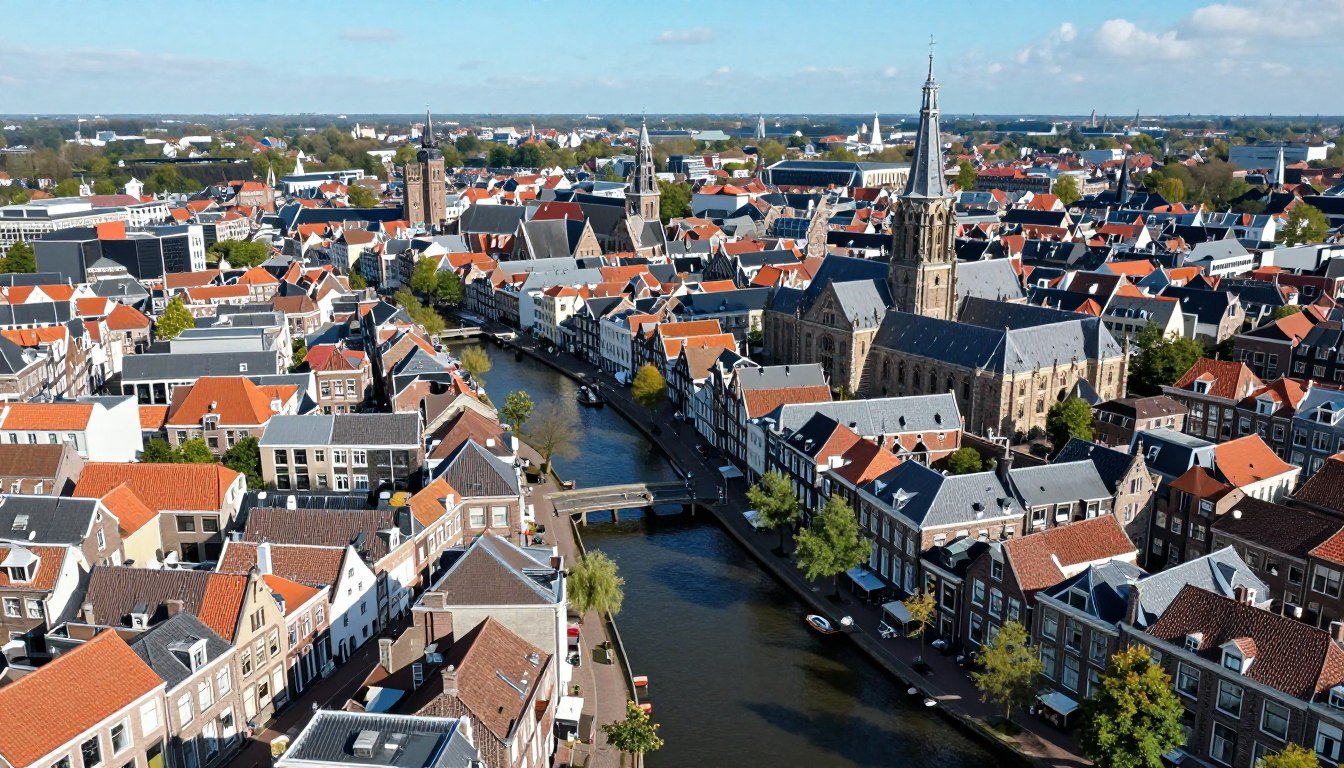 Aerial view of Leiden Netherlands showing canals, historic buildings and the university