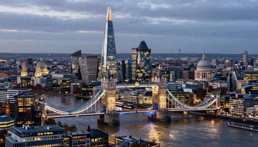 Aerial view of London's skyline featuring iconic landmarks and best restaurants in London