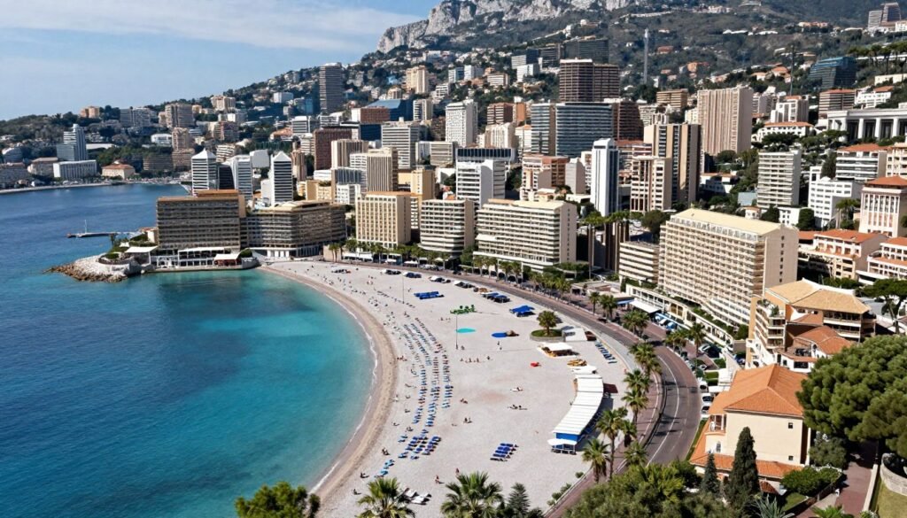 Aerial view of Monaco Larvotto Beach area with hotels