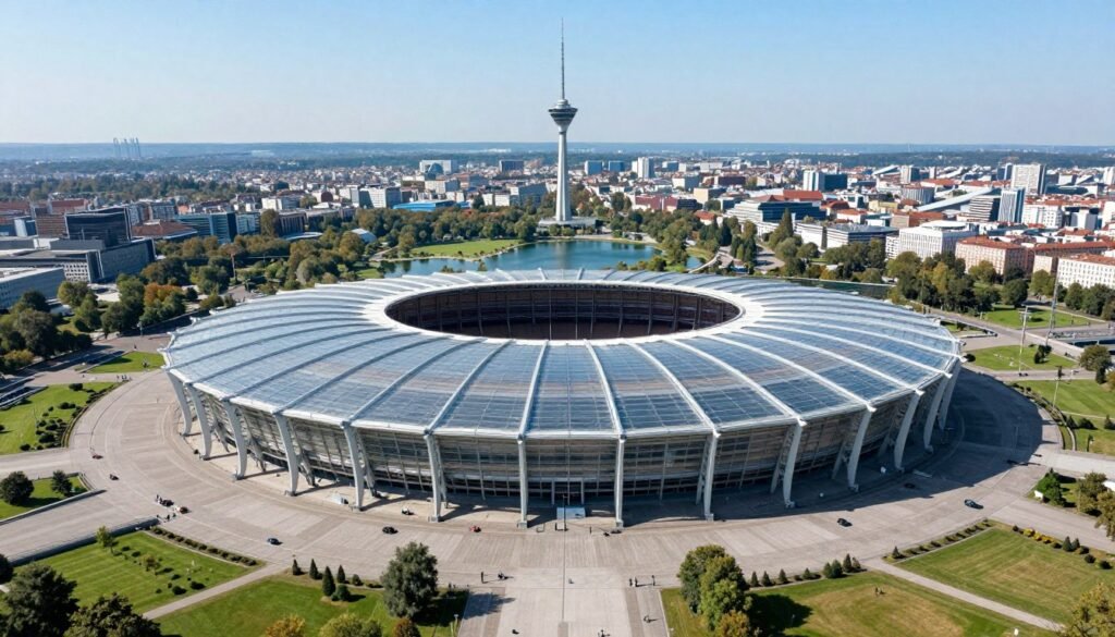 Aerial view of Olympiapark with tent-like roof structure