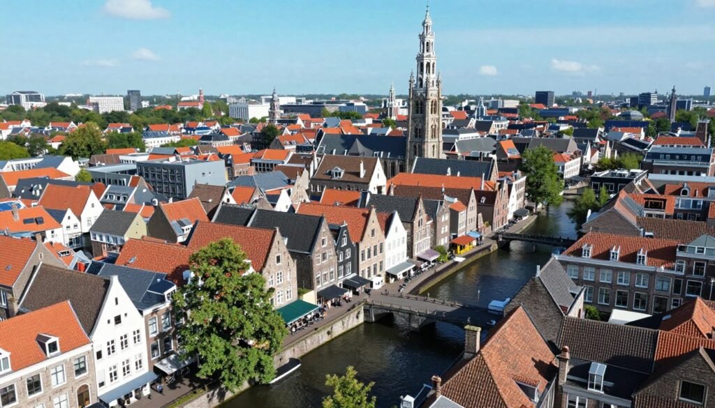 Aerial view of Utrecht, Netherlands showing canals, the Dom Tower, and historic architecture