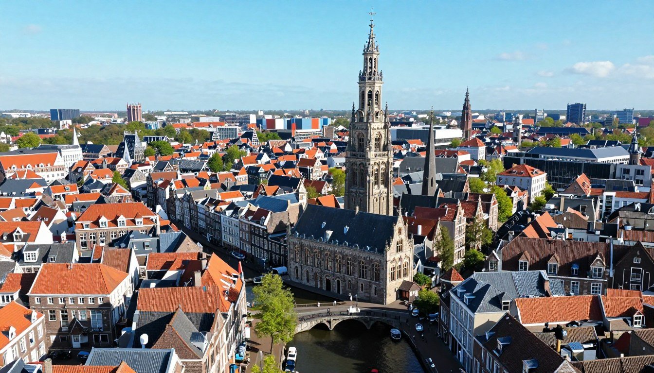 Aerial view of Utrecht canals and Dom Tower