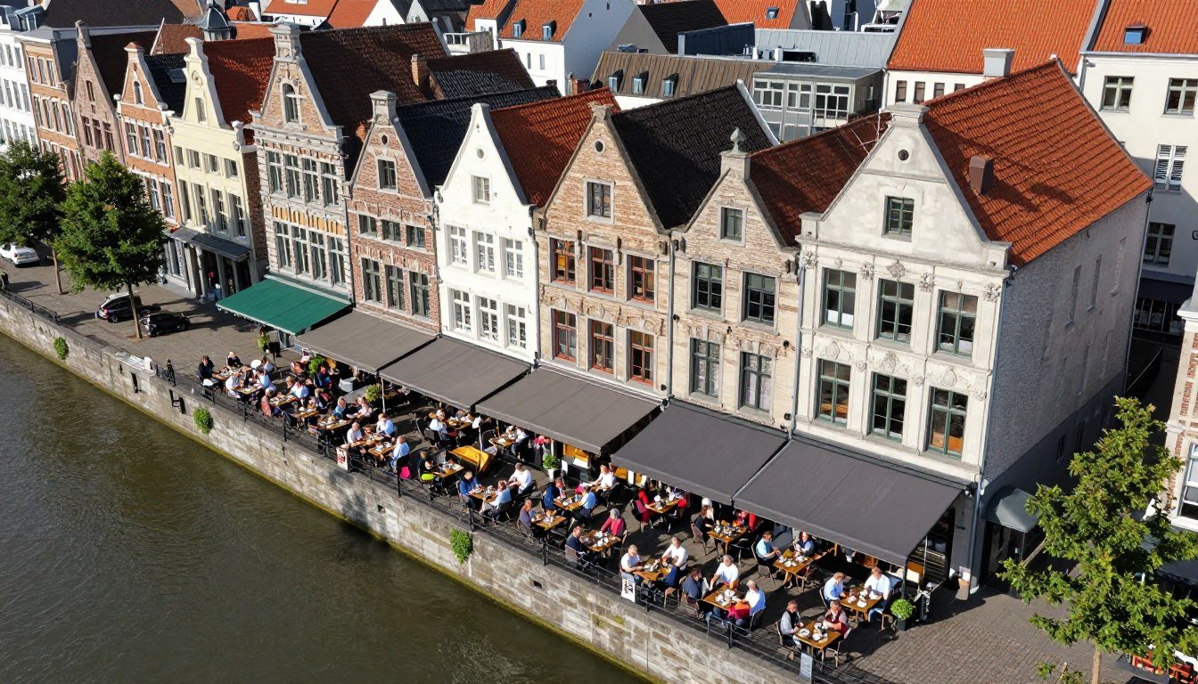 Aerial view of restaurants in Antwerp along the Scheldt River with historic buildings and outdoor dining terraces