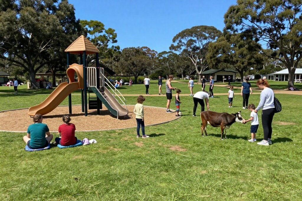 Afternoon scene of families enjoying Gaalgebierg park with playground and animals