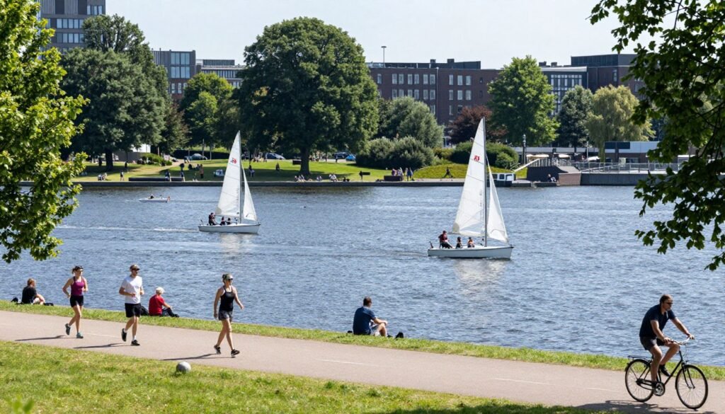 The Best Things to Do in Hamburg 18 Alster lake with sailboats and people jogging on waterfront path