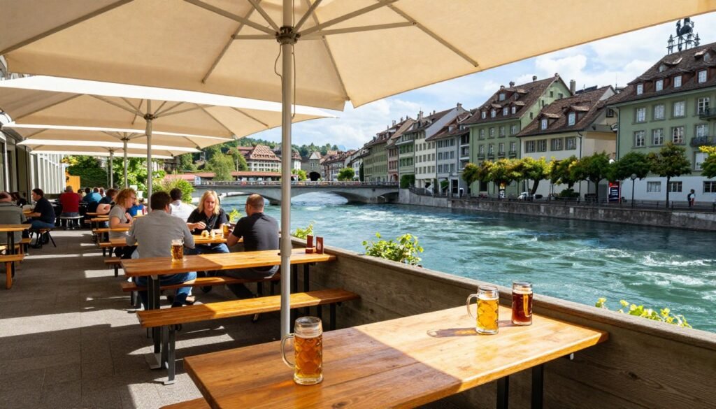 Altes Tramdepot brewery terrace overlooking River Aare