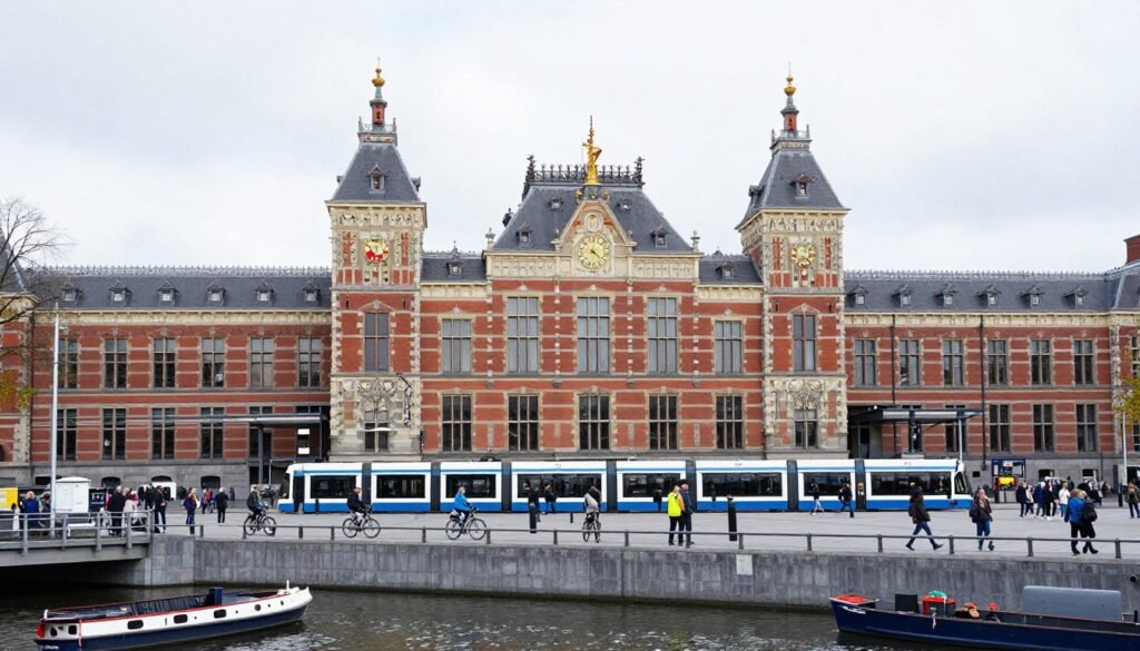 Amsterdam Central Station with trams and cyclists in front - things to do in Amsterdam