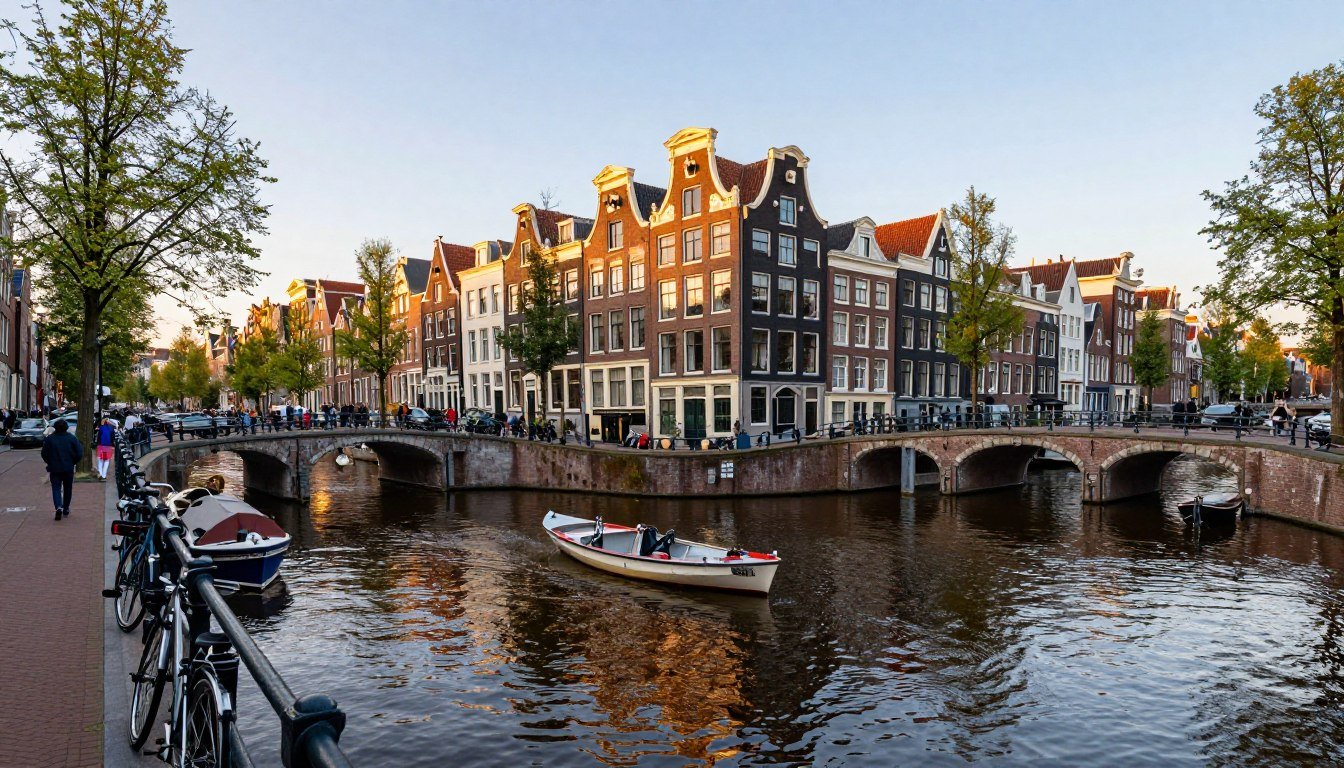 Amsterdam canal with traditional houses and boats during golden hour - things to do in Amsterdam