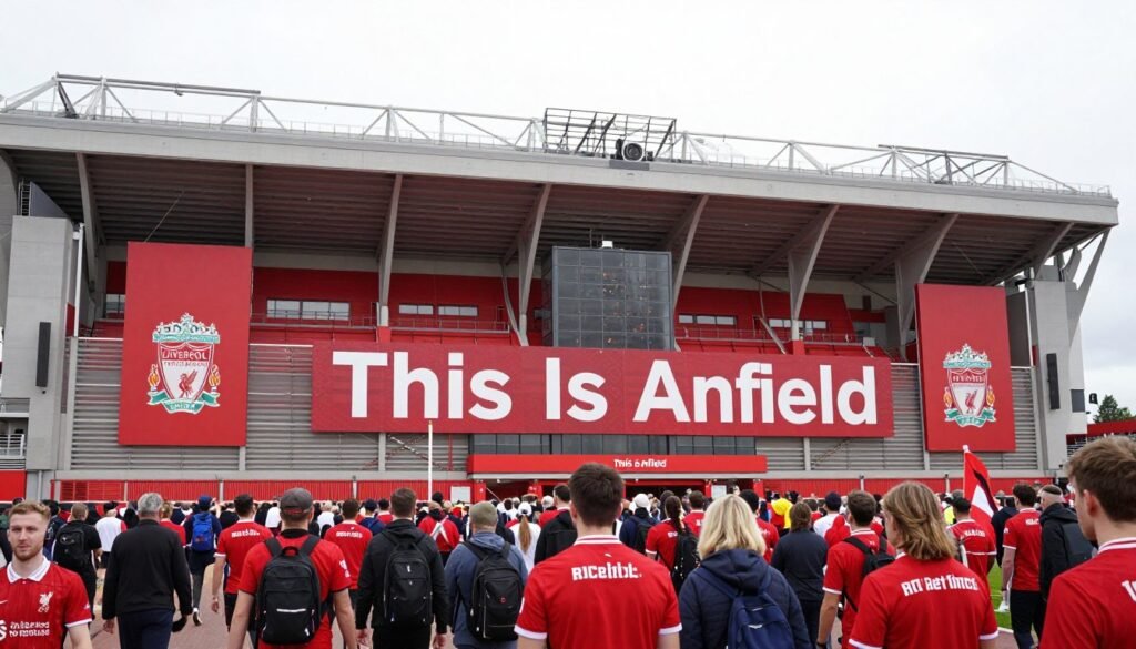 Anfield Stadium, home of Liverpool FC, on match day with crowds