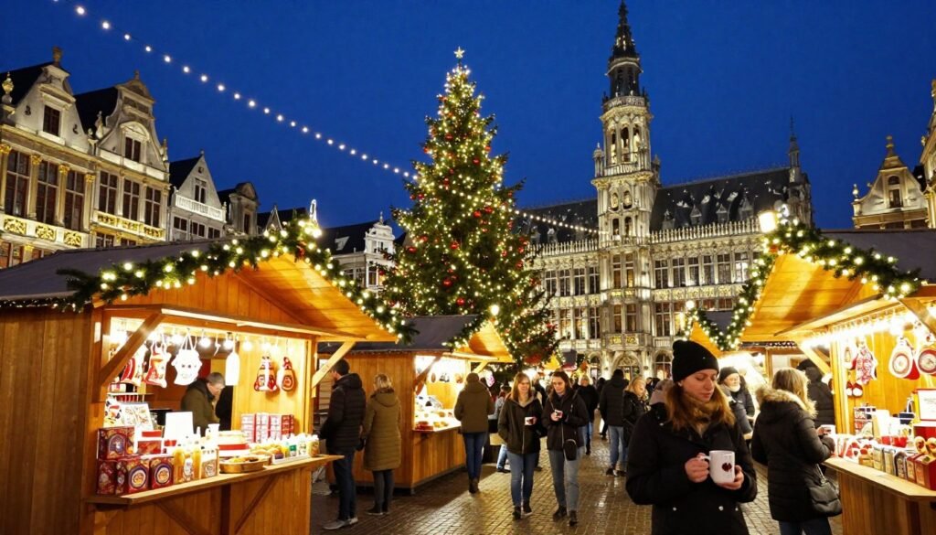 Antwerp Christmas Market with festive lights, decorations and stalls at Grote Markt