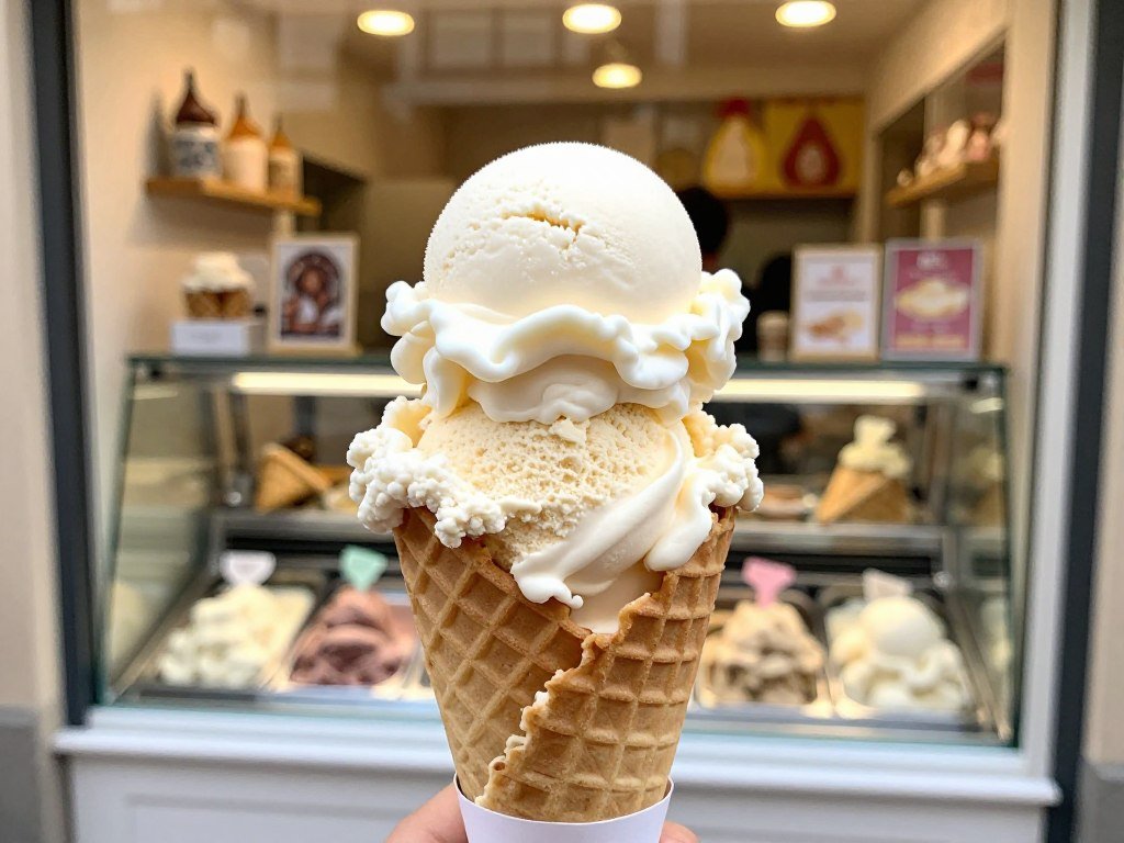 Artisan ice cream in waffle cone at Die Kleine Eismanufaktur shop