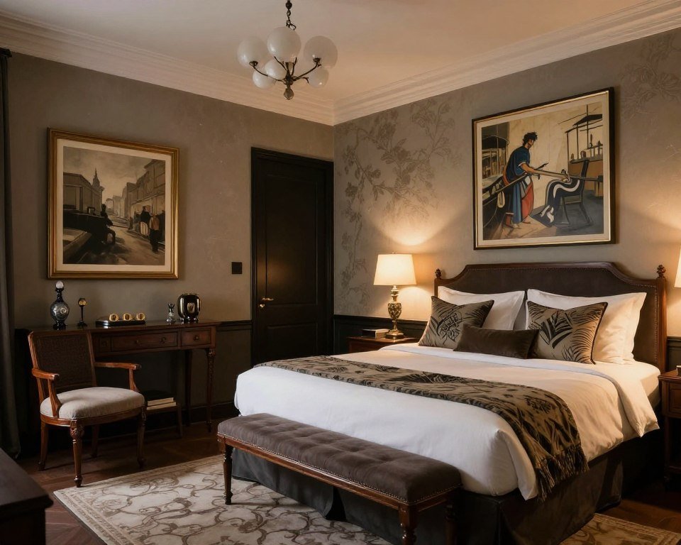 Artistic boutique hotel room with antiques