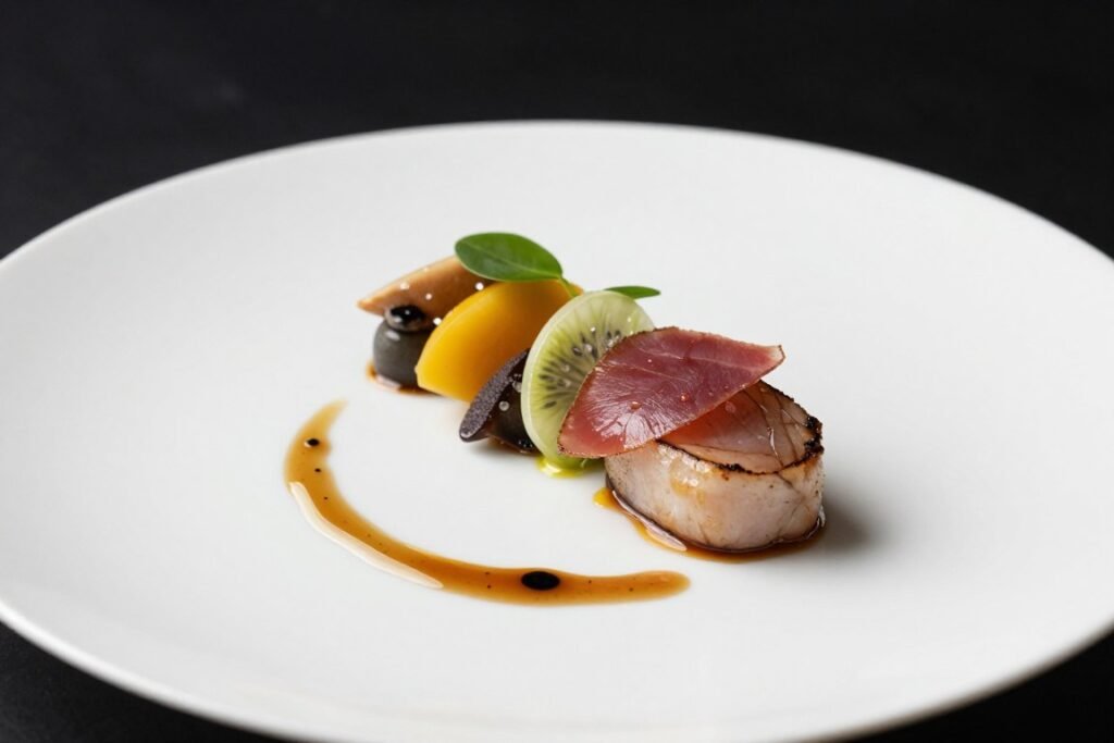 Artistic fine dining plate at two Michelin star restaurant Aura in Wirsberg