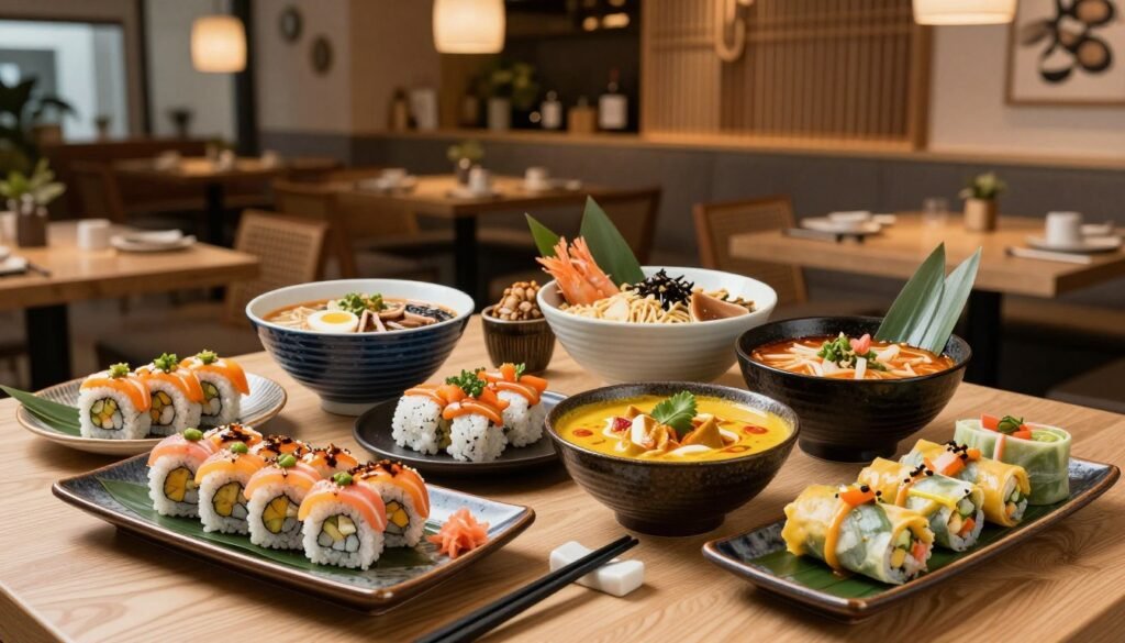 Asian fusion restaurant dishes with sushi and noodles