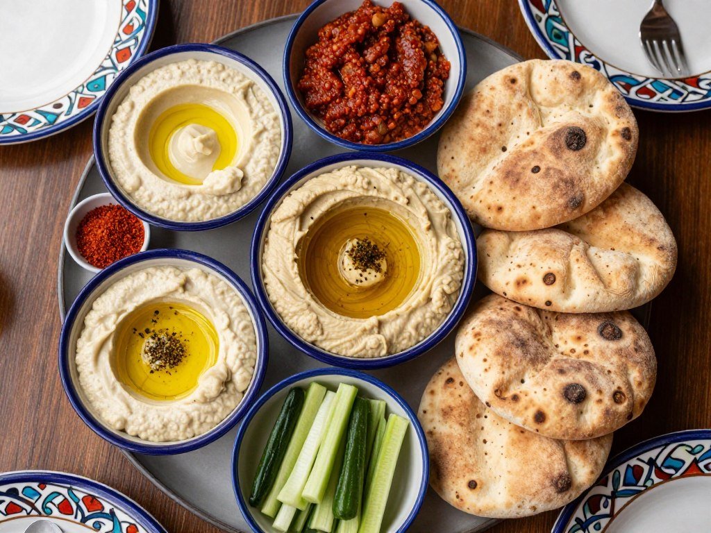 Assorted Turkish mezze platter with hummus, baba ganoush, and fresh bread