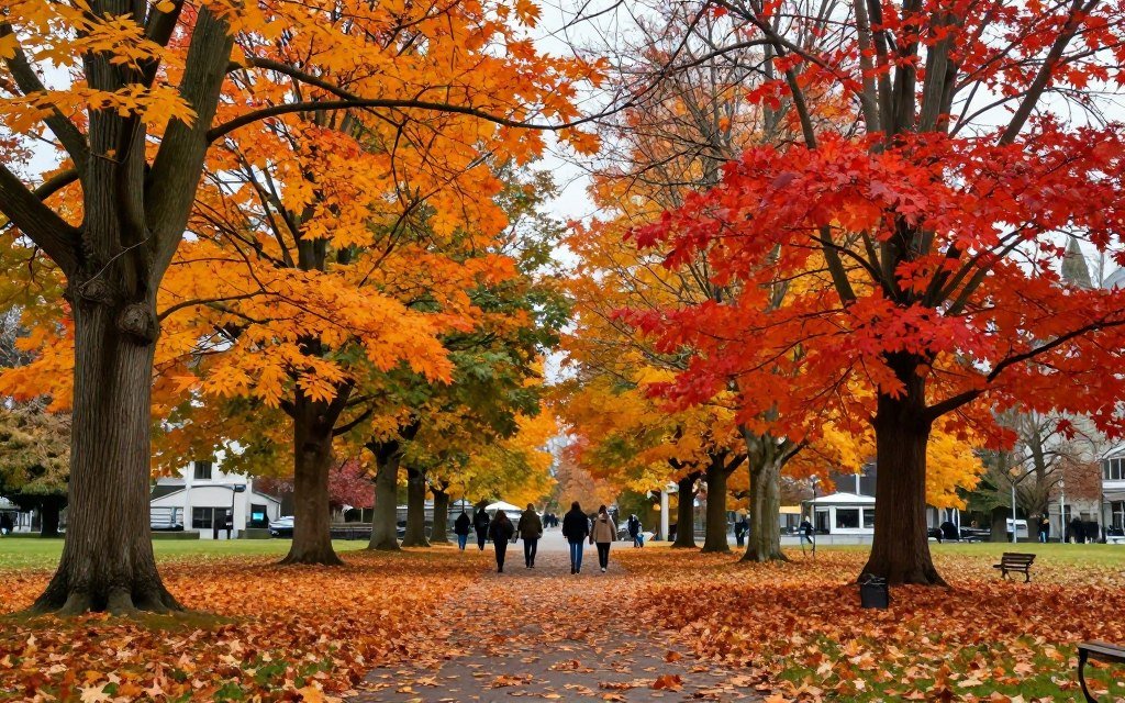 Autumn colors in Zurich park with orange and gold trees