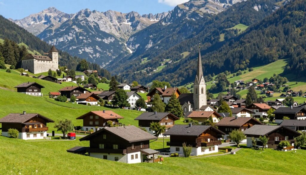 Balzers town overview with mountain landscape