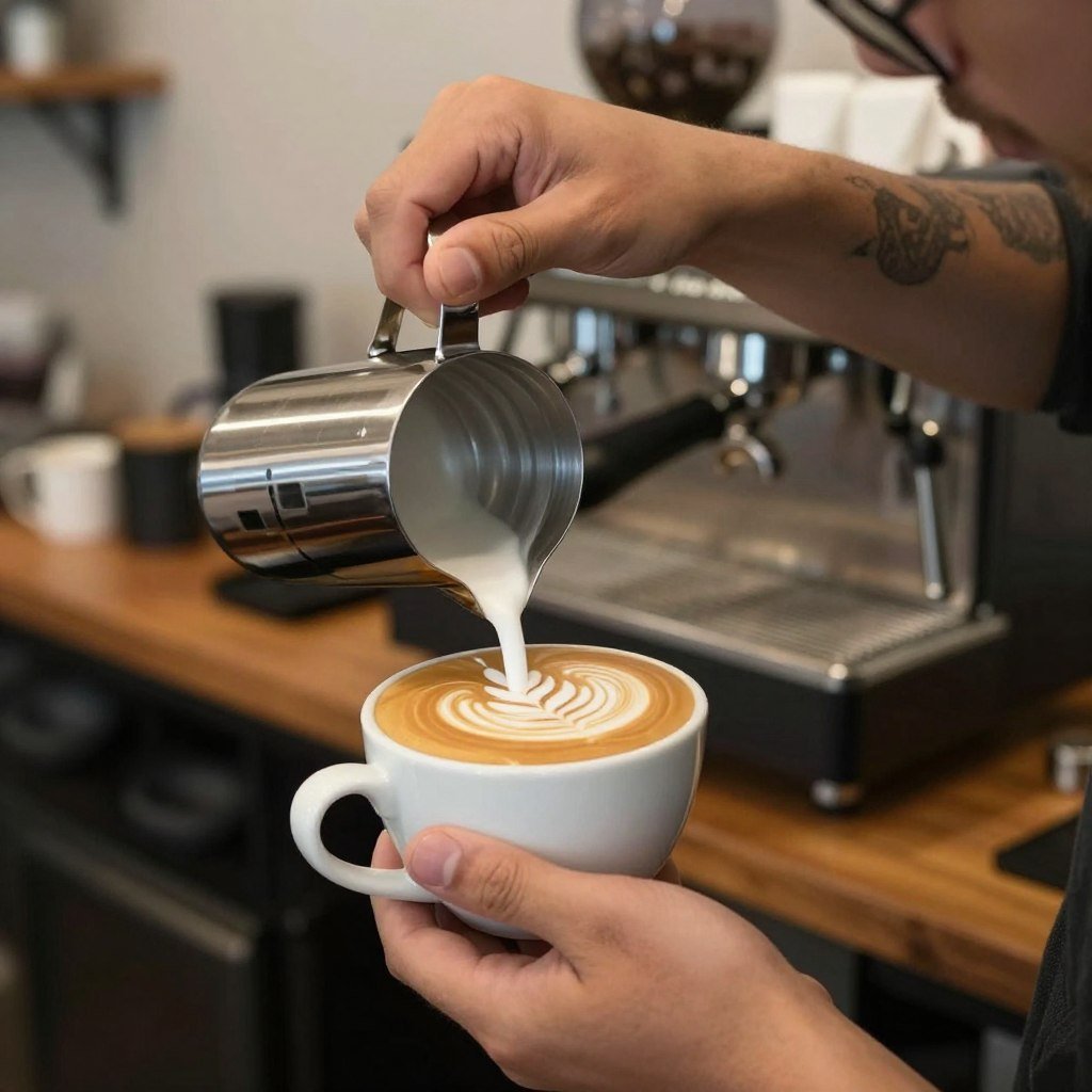 Barista preparing specialty coffee with latte art in modern Cologne cafe