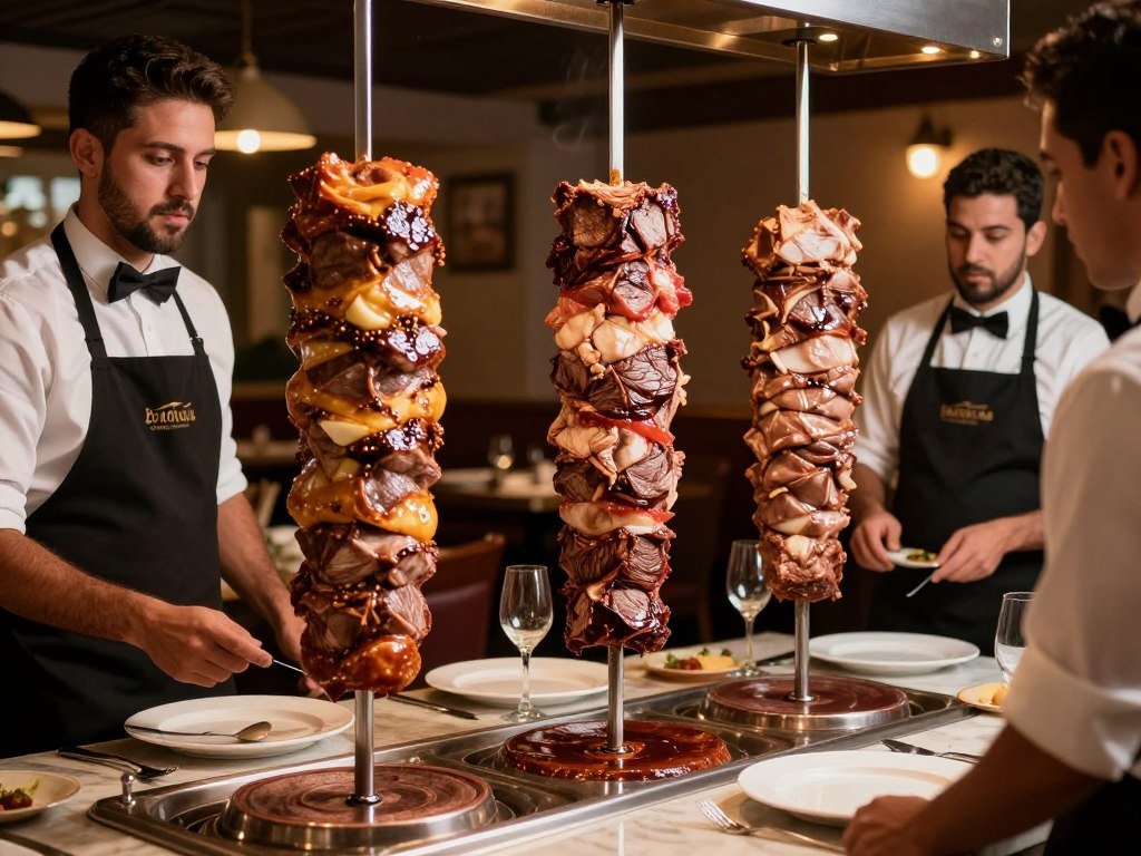 Batucada Brazilian steakhouse rodizio service with meat skewers