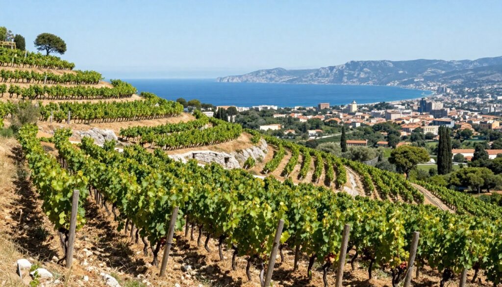 Bellet vineyards on the hills above Nice with rows of vines and Mediterranean views - things to do in Nice