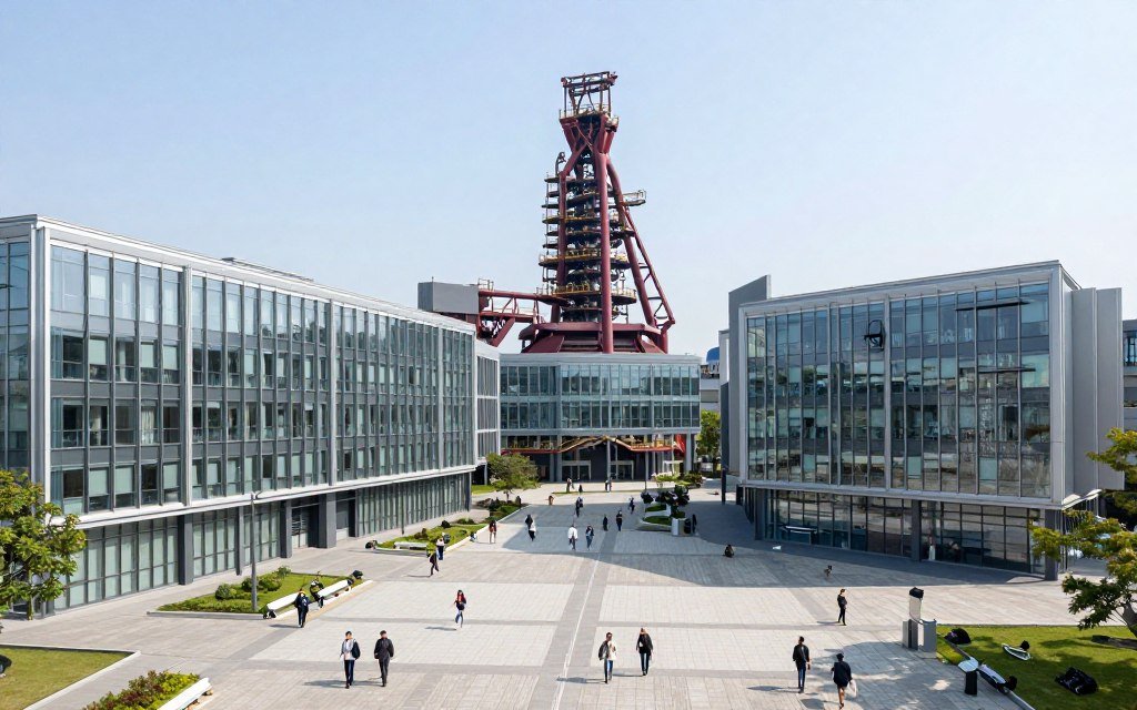 Belval University campus with modern glass buildings and old blast furnace in background