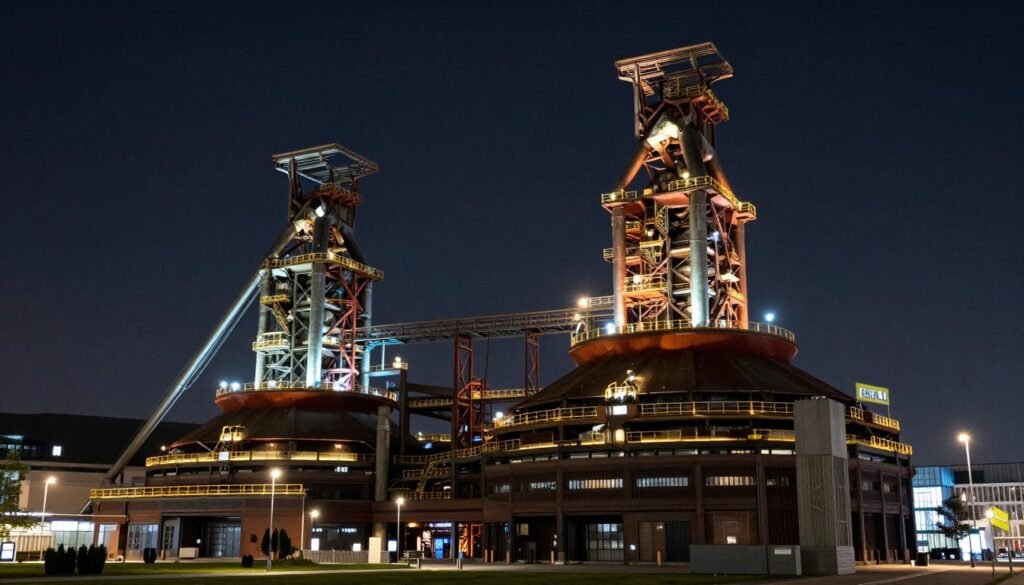 Belval blast furnaces industrial heritage site illuminated at night
