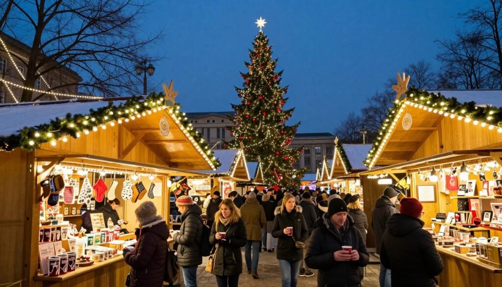 The Best Things to Do in Berlin 51 Berlin Christmas market with illuminated stalls, Christmas tree, and holiday shoppers