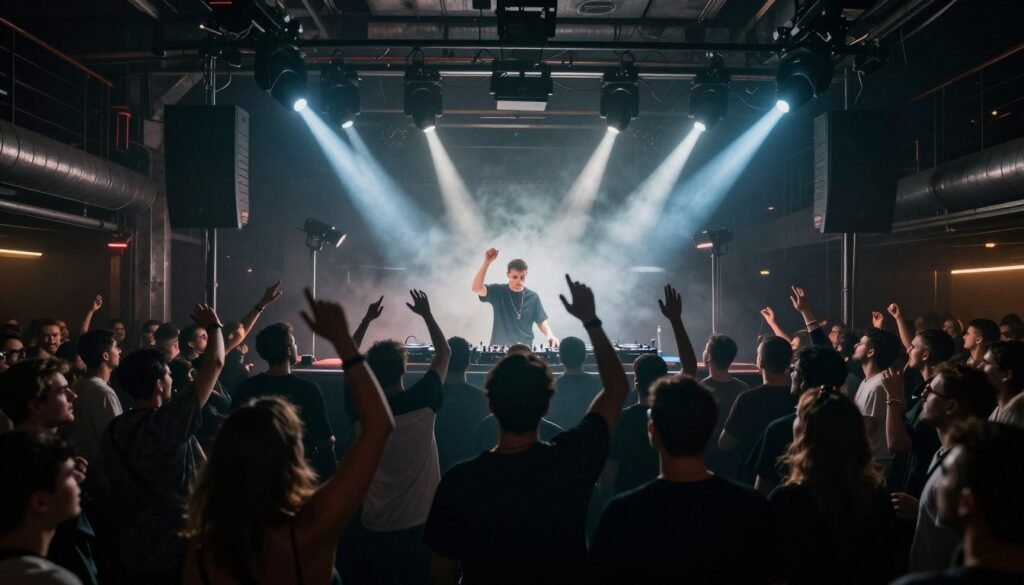 The Best Things to Do in Berlin 37 Berlin techno club interior with lights, DJ, and dancing crowd