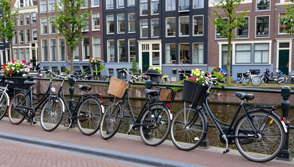 Bicycles parked along an Amsterdam canal with traditional houses in the background - things to do in Amsterdam