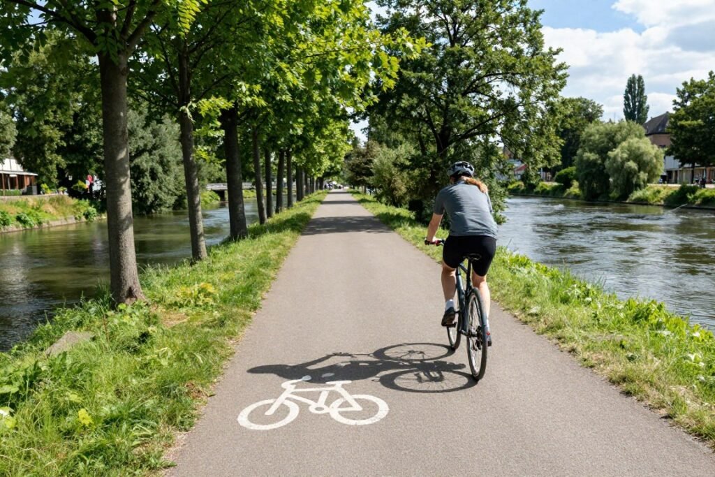 Bike path along Alzette River with cyclist and trees