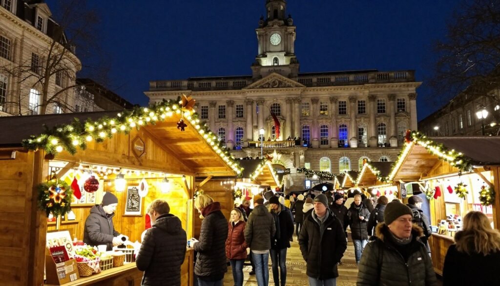 Birmingham Frankfurt Christmas Market with festive stalls and lights