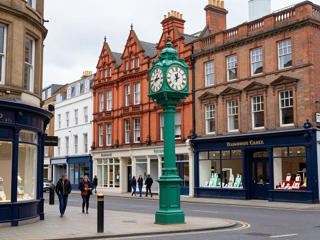 Birmingham Jewellery Quarter with historic buildings and the Chamberlain Clock