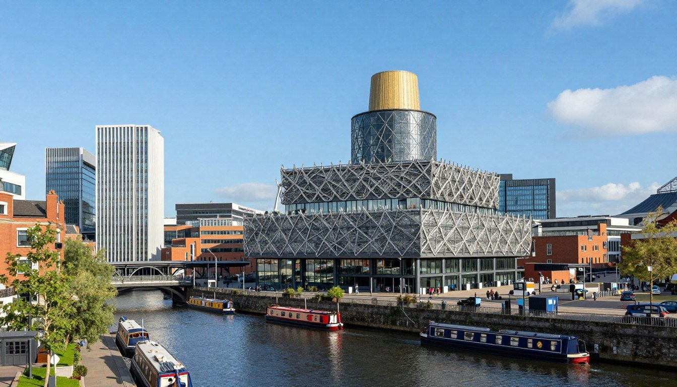 Birmingham UK skyline with Library of Birmingham and canal