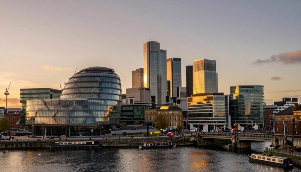 Birmingham skyline at sunset with canal reflections and modern architecture