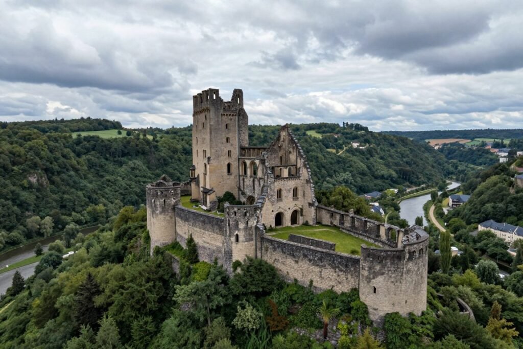 Bourscheid Castle aerial view Luxembourg